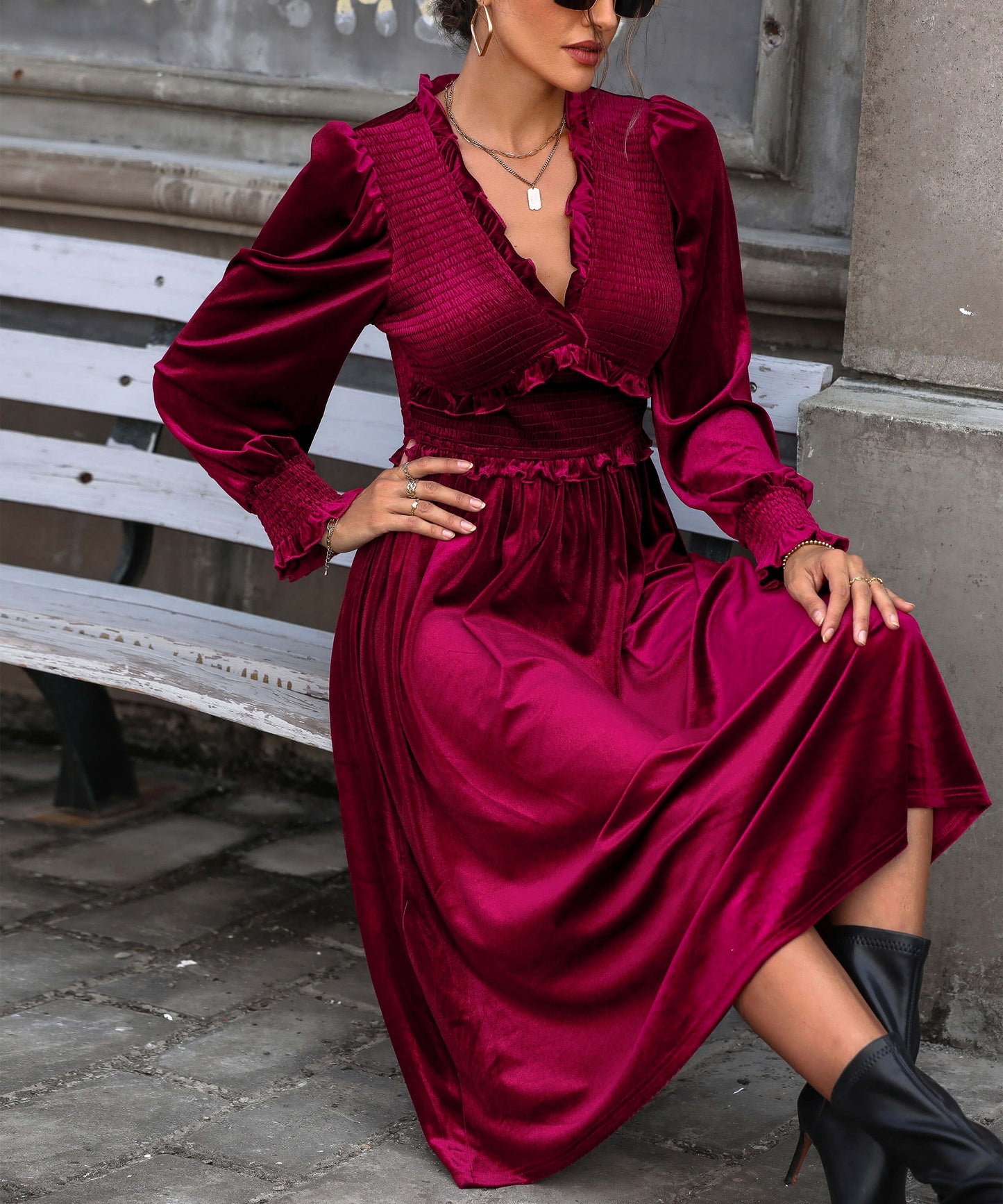 Theia V-neck Velvet Midi Dress