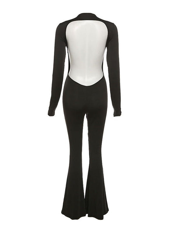 Black Backless Long Sleeve Flare Leg Jumpsuit