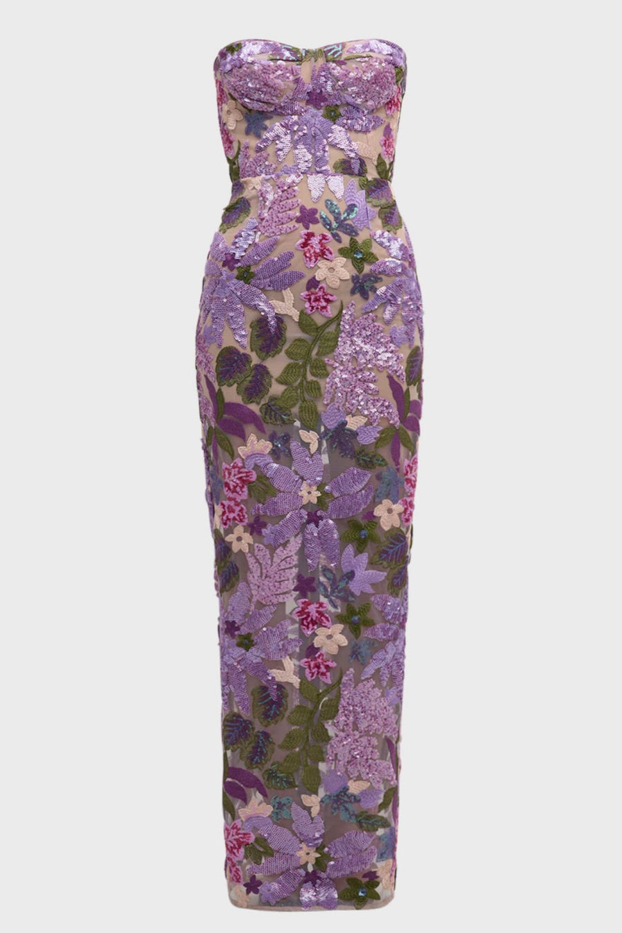 Elara Sequin Embroidered Strapless Maxi Dress - Purple