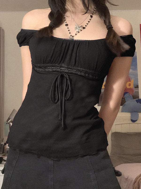 Black Tie Front Lace Trim Blouse With U Neck