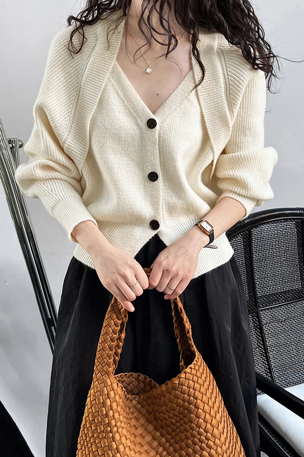 Fabia Brown Patchwork V-neck Button Sweater