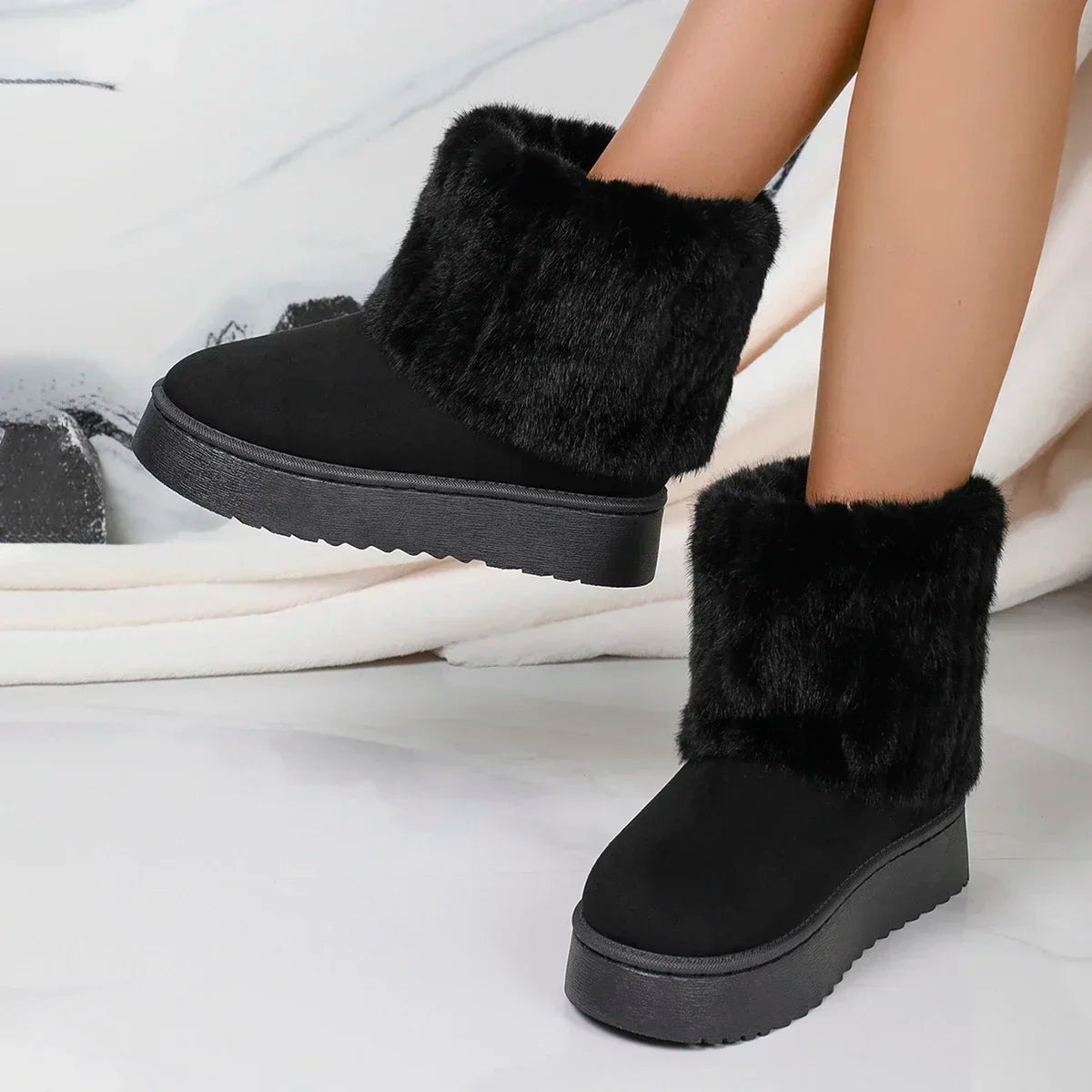 Round Toe Warm Thickened Plush Winter Beige Mid-calf Boots Thick Sole Comfortable Anti-slip Snow Boot