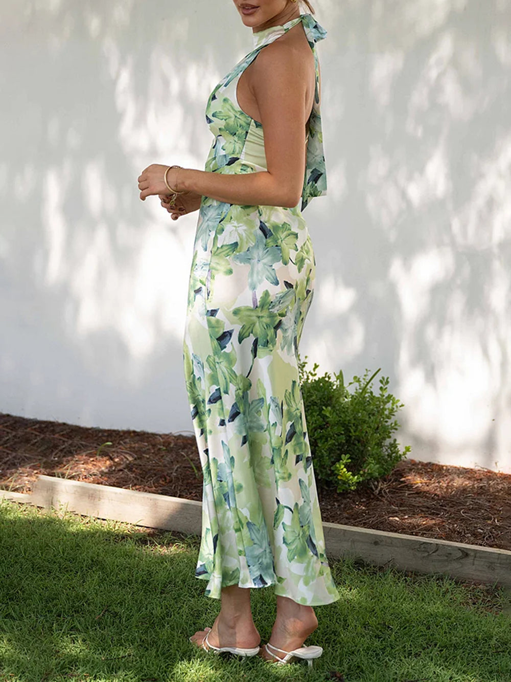 Print Halter Backless Flowy Vacation Maxi Dresses