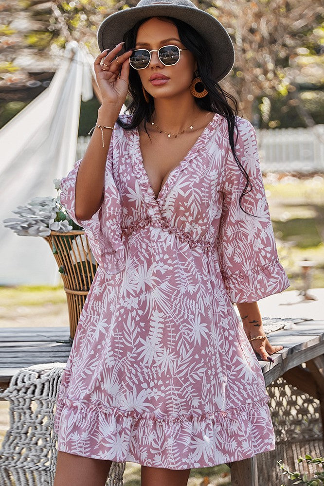 V-neck Mid Sleeve Backless Lace Up Ruffle Hem Mini Dress