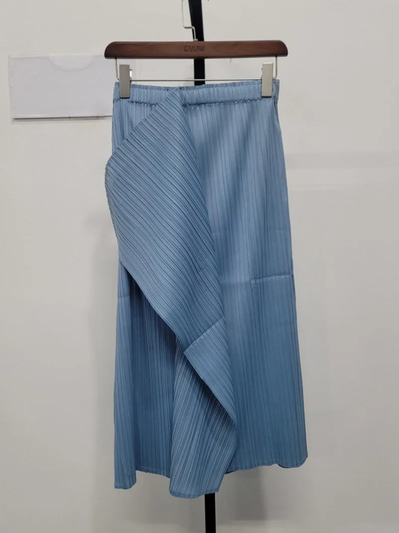 Splited Irregular Pleated Color Elastic Waist Skirt