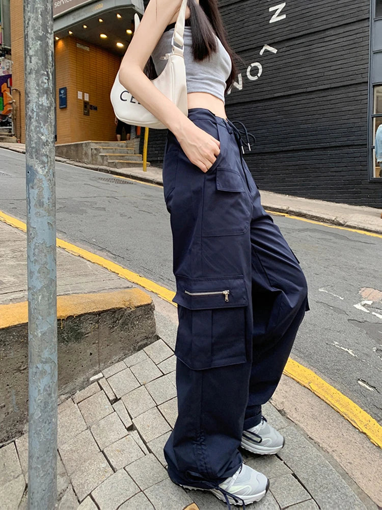 Korean Style Drawstring Sweatpants Y2k Navy Blue Oversized Pant