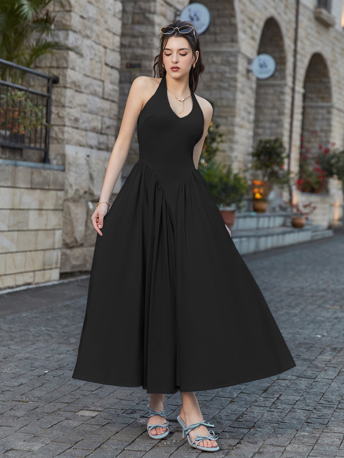 Halter Deep V-neck Ruched Waist Dress