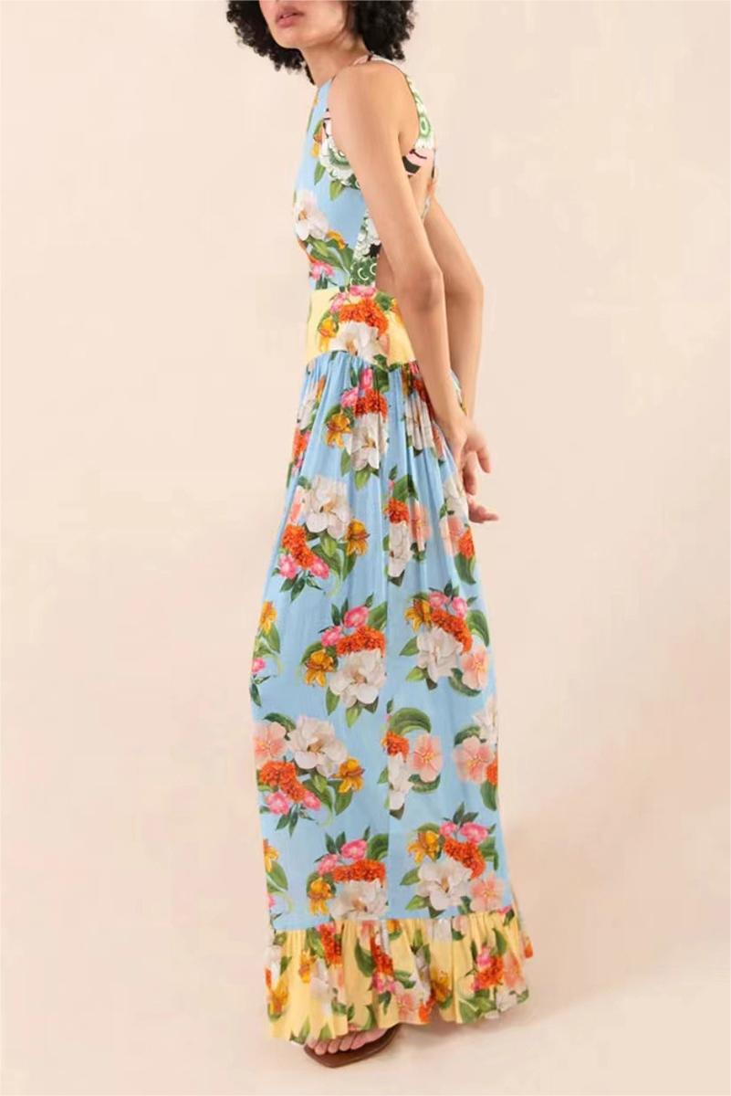 Lace Up Ruffle Hem Maxi Dress