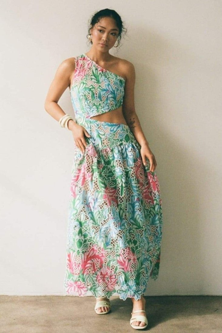 Botanical Print One Shoulder Frill Midi Dress