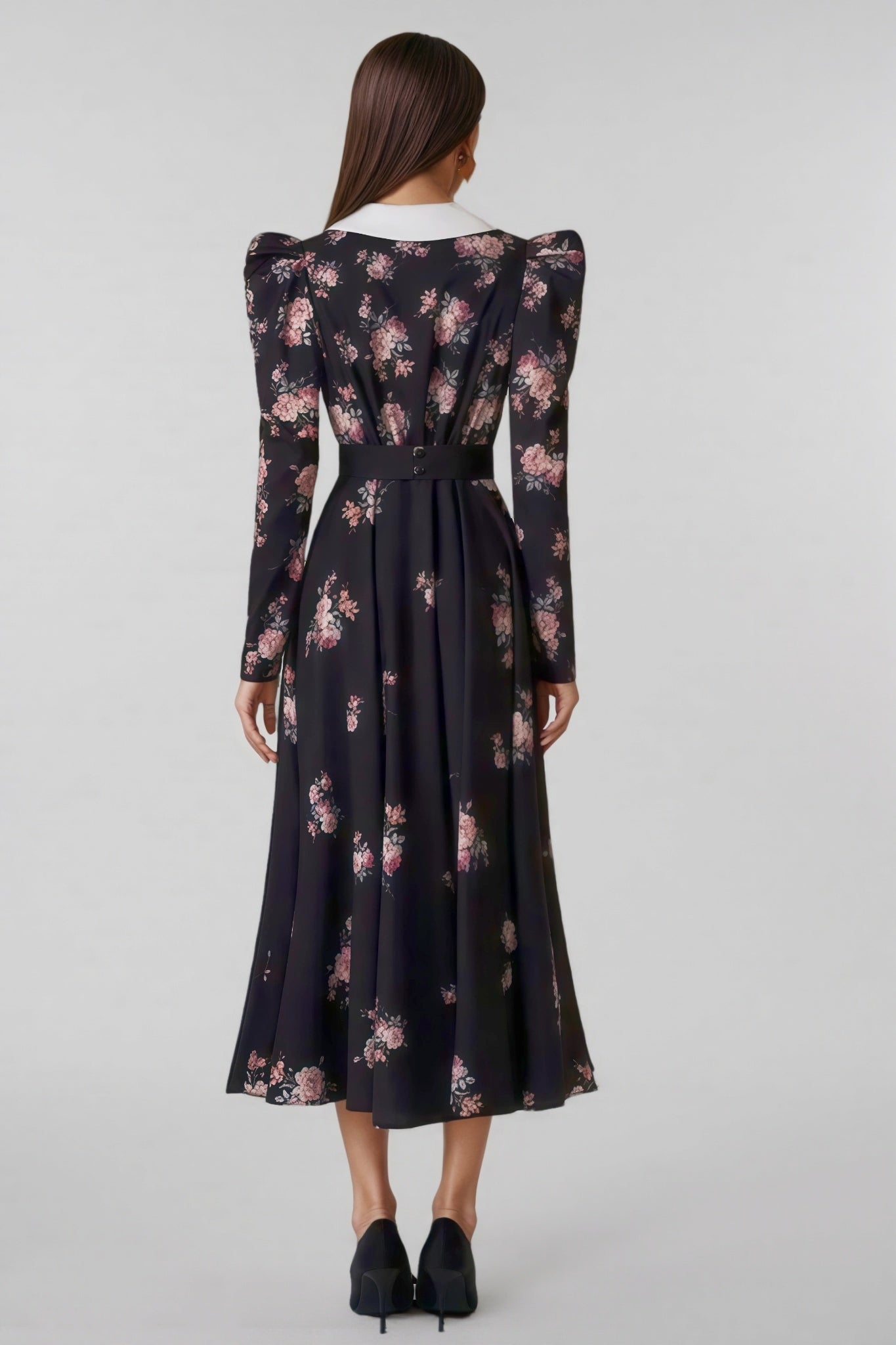Eamon Contrast Collar Puff Sleeve Midi Dress