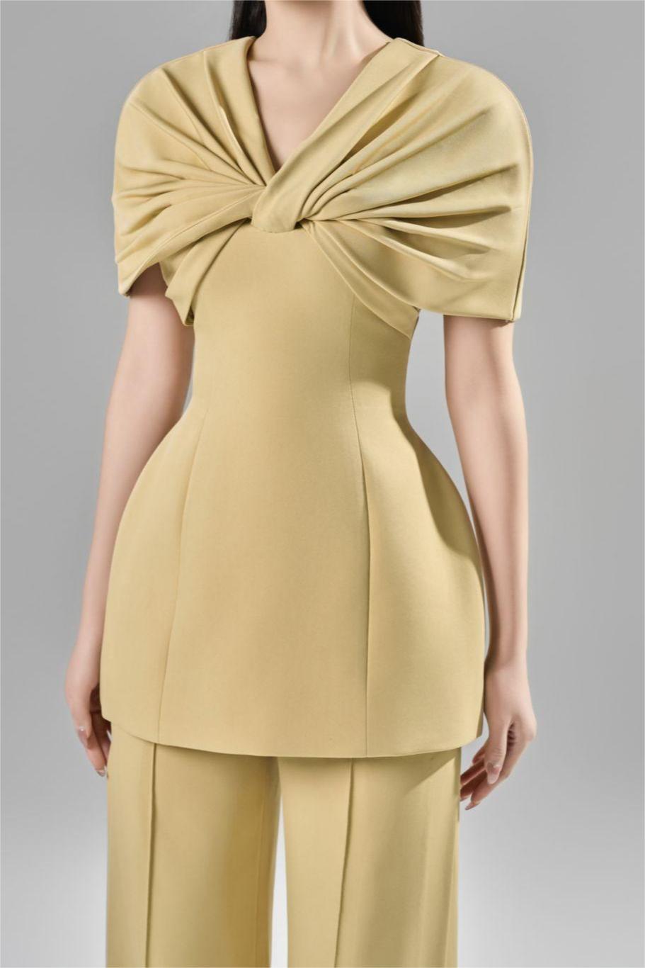 Knotted V-neck Top & High Waist Loose Pants