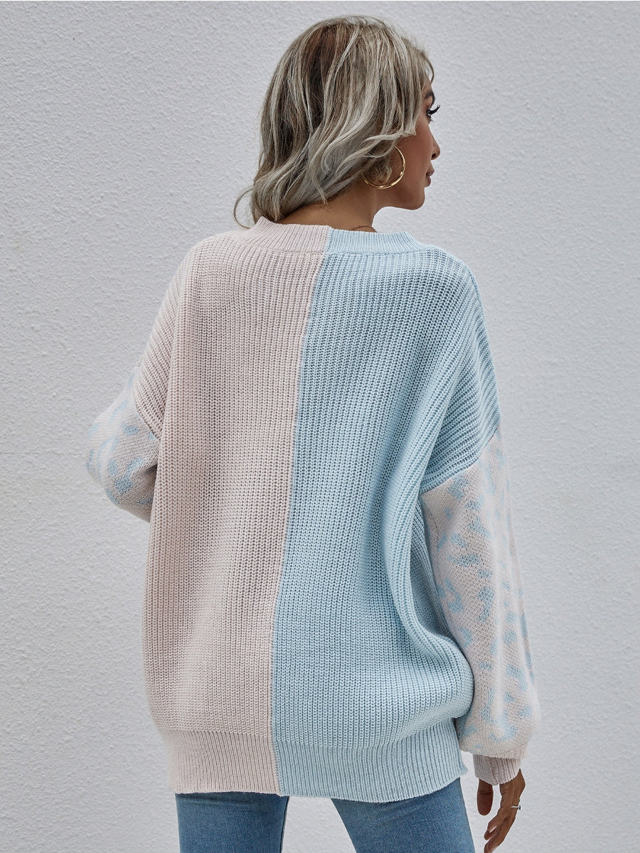 | Color-block Lantern Sleeve Sweater - Blue & Beige Leopard