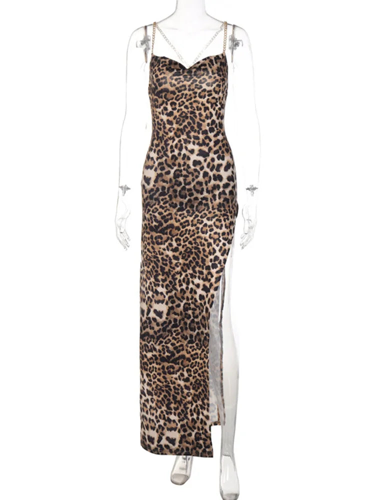 Leopard Chain Strap Side Slit Backless Festival Midi Dresses