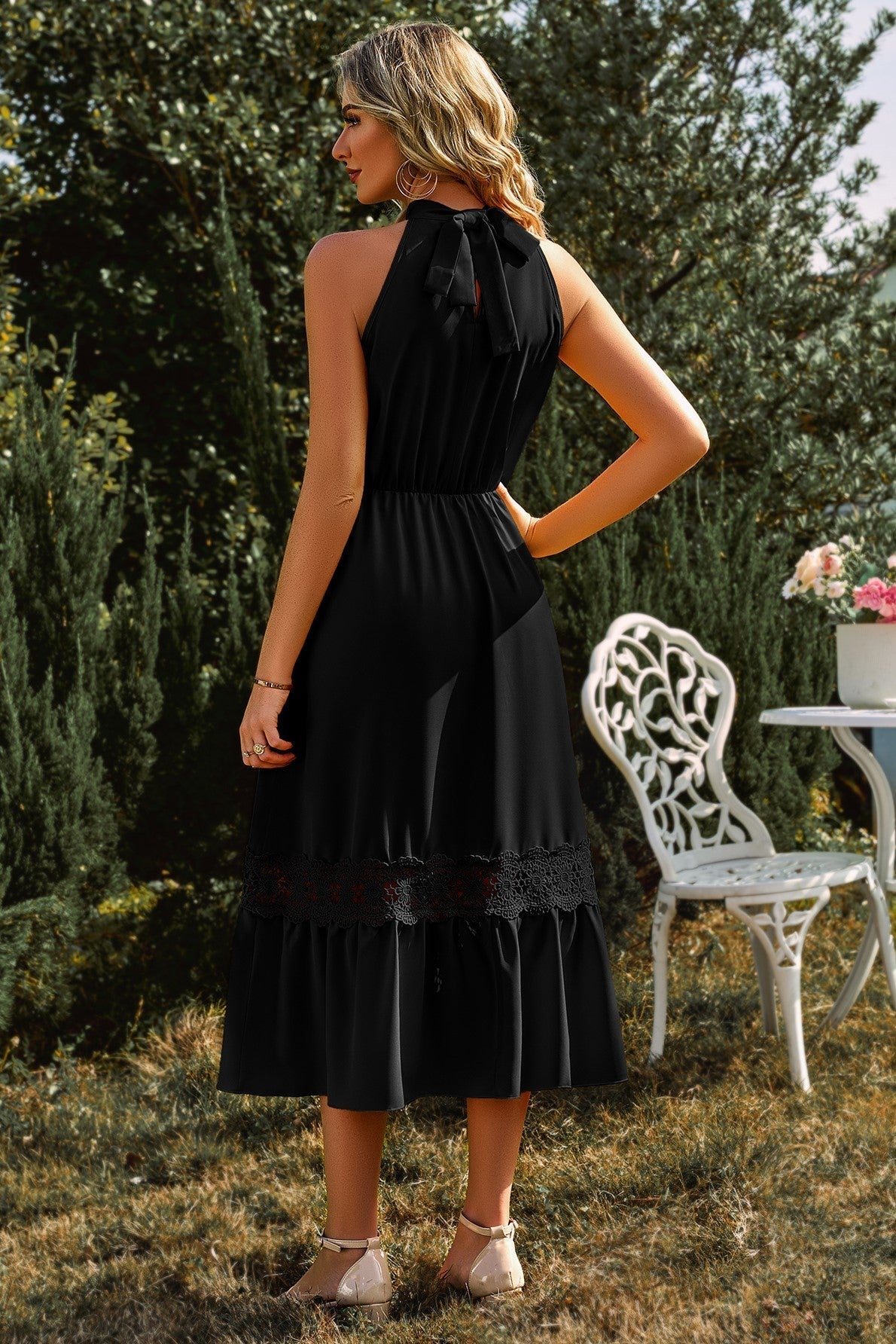High Collar Sleeveless Lace Hem Midi Dress