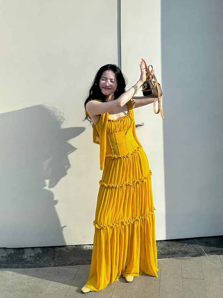 Mustard Yellow Ruched Ruffle Maxi Dress _ & Bright Summer Statement