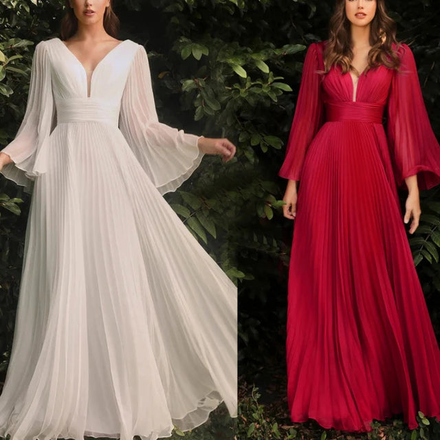 New Deep V-neck Bell Sleeves Backless Evening Dress Slim Long-sleeved Dress Long Dresses for