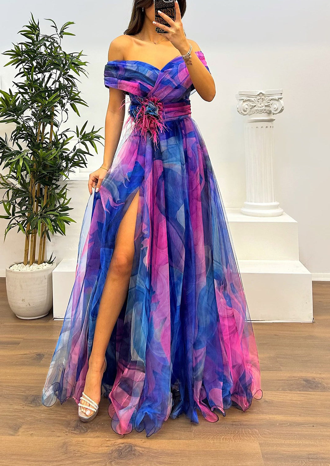 Fairy Flower Feather Pendant Fallen Fold Off Shoulder Party Split Design Long Dress