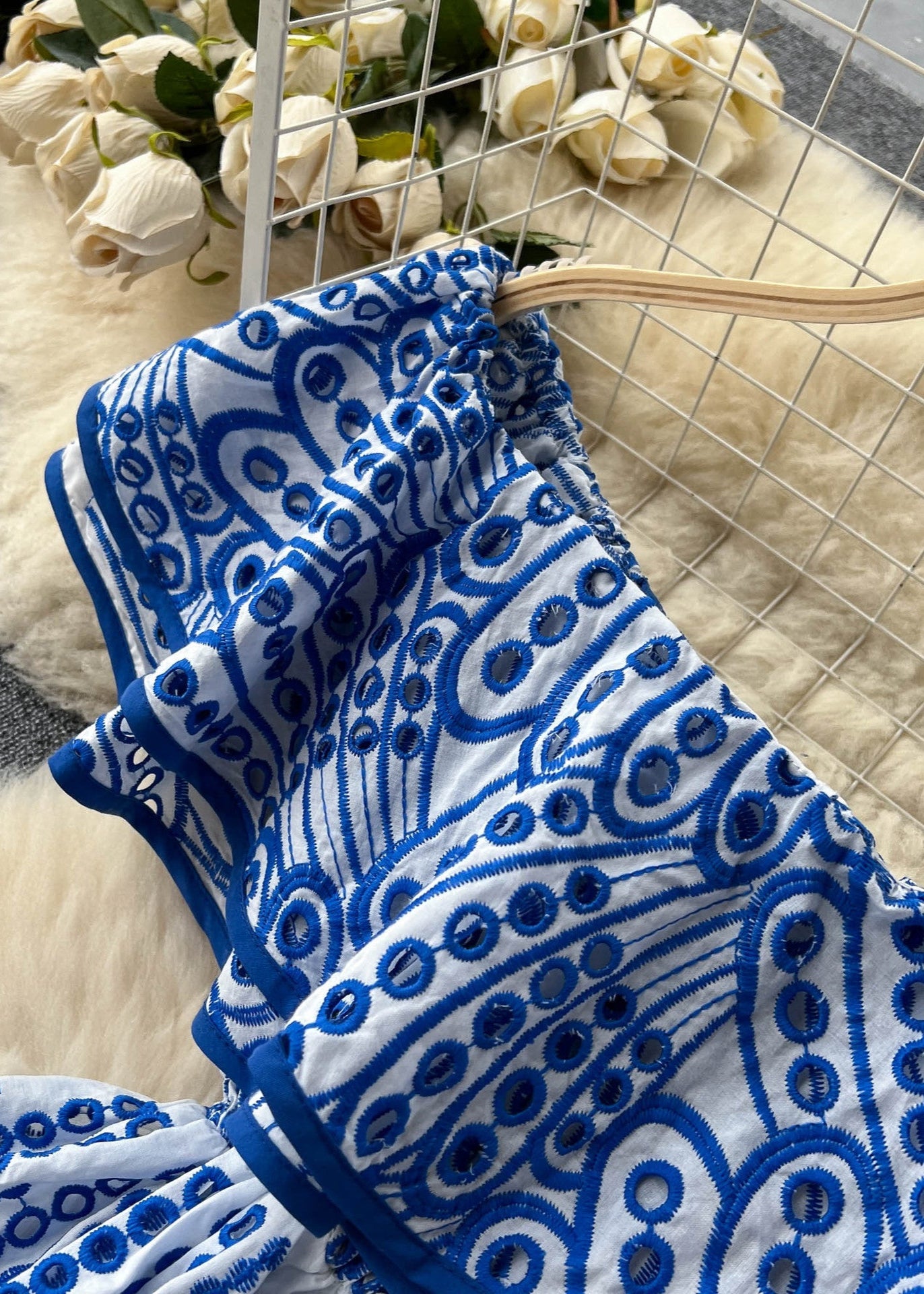 Marina Ruffle Off-shoulder Dress – Blue Embroidered Maxi