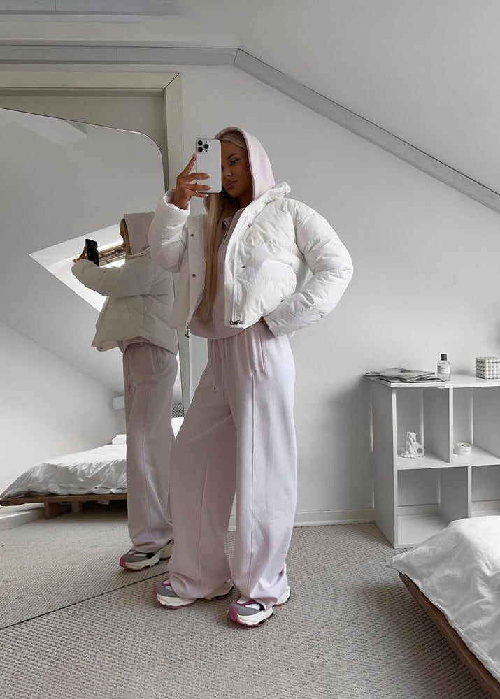 Soft Beige Zip Hoodie and Wide-leg Pants Set – ’s Relaxed Fit Tracksuit