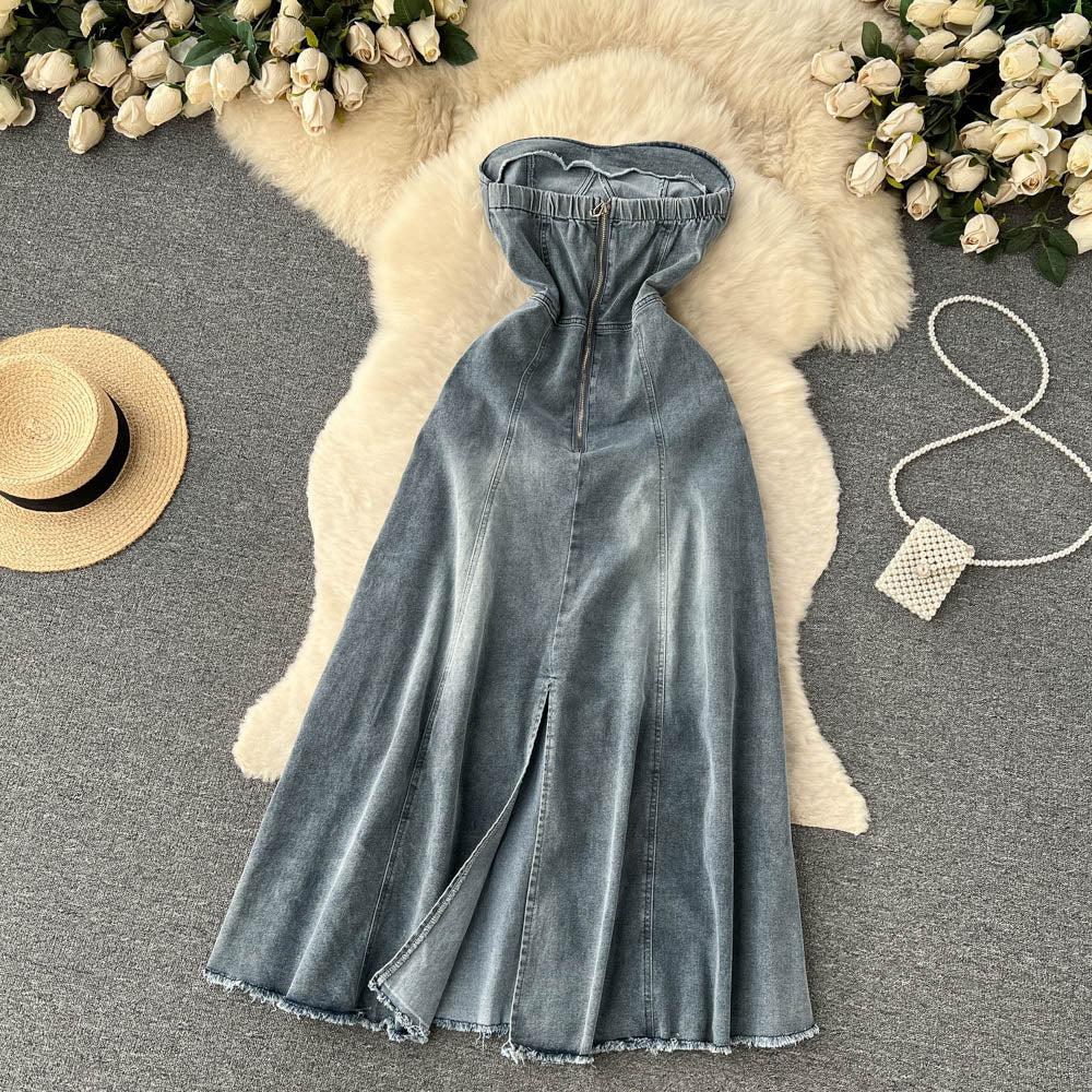 Hot Girl Retro Denim Skirt A-line Long Dress P125