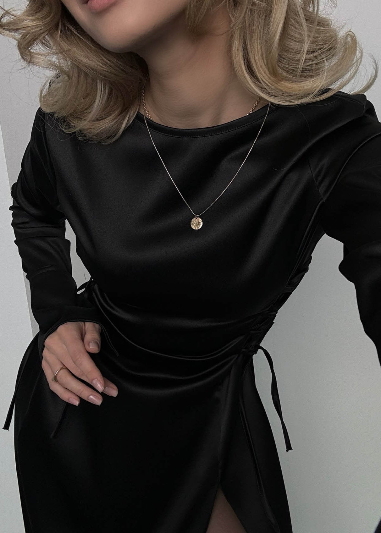 Valeria - Satin Side-tie Slit Midi Dress