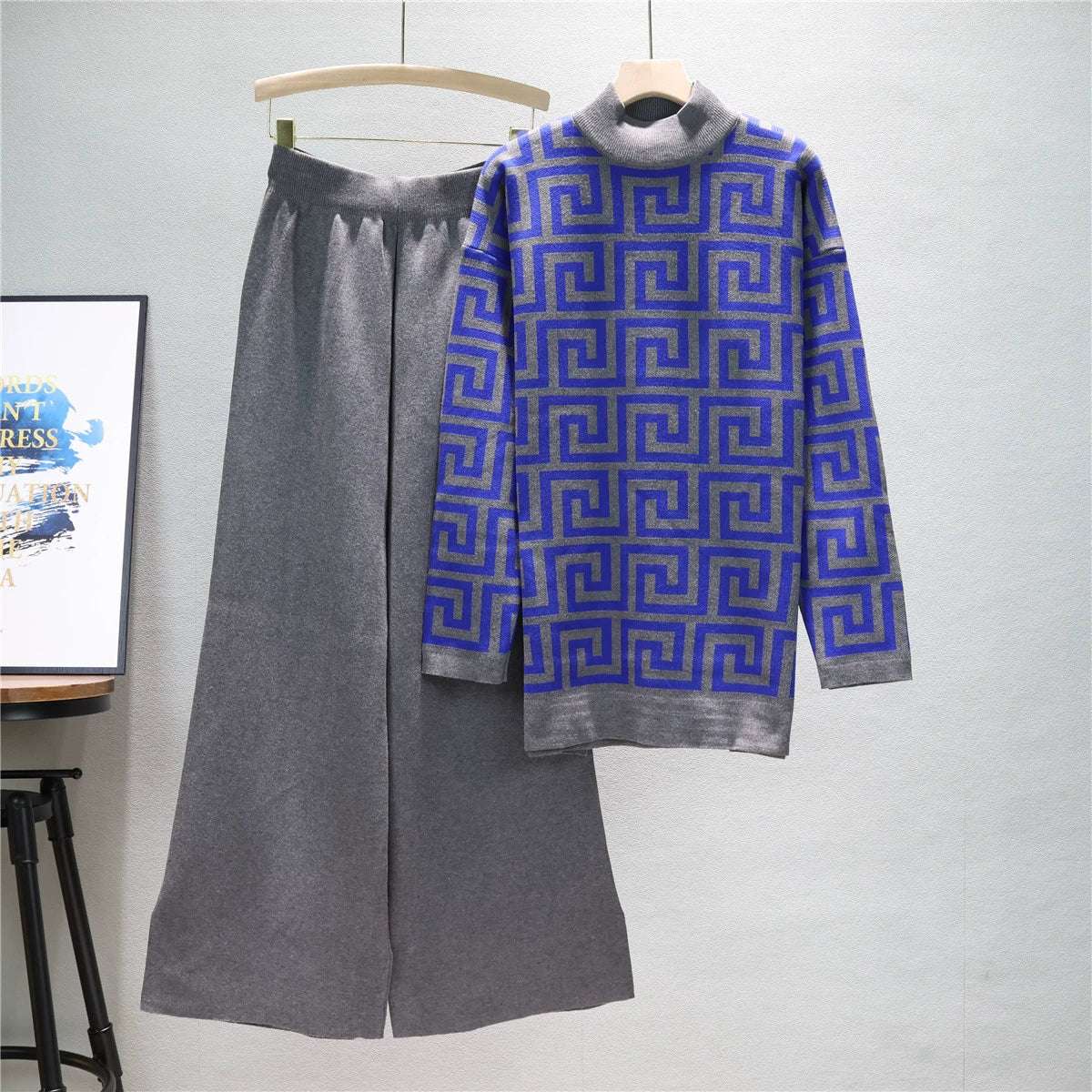 Gray - Knitted Sweater & Wide-leg Pants Two Piece Set