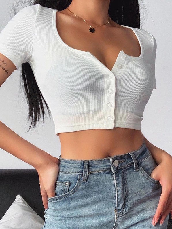 Color Simple Square Neck Top T-shirt