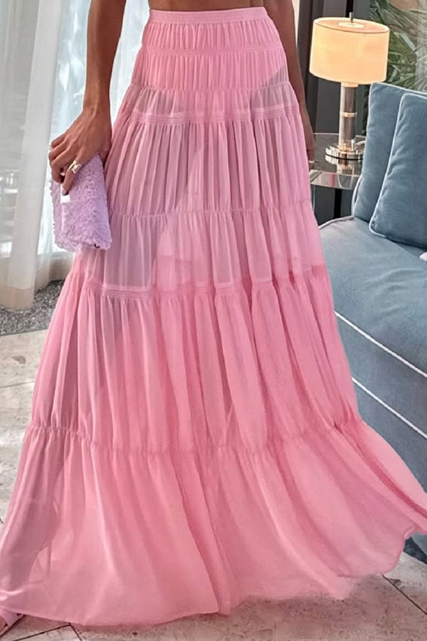 Chiffon Elastic Waist Layered A-line Maxi Skirt