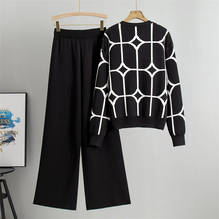 Black - Knit Wide-leg Pants & Sweater Two Piece Set