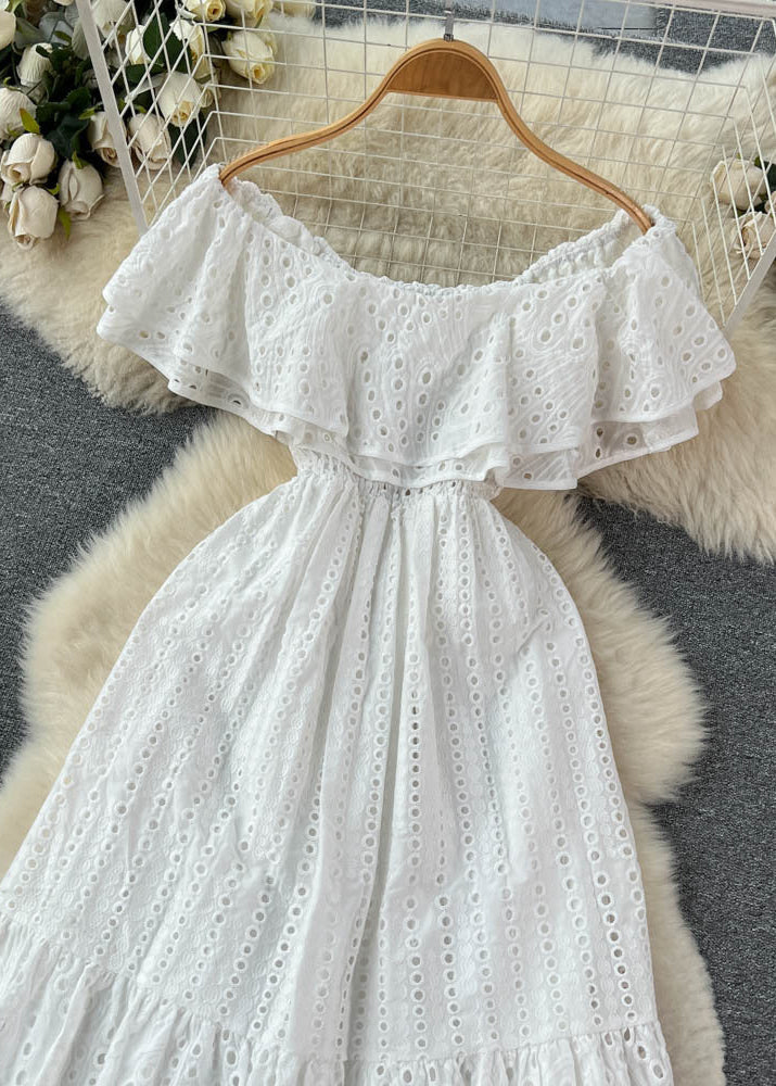 Lunara Eyelet Off-shoulder Dress – White Ruffle Midi