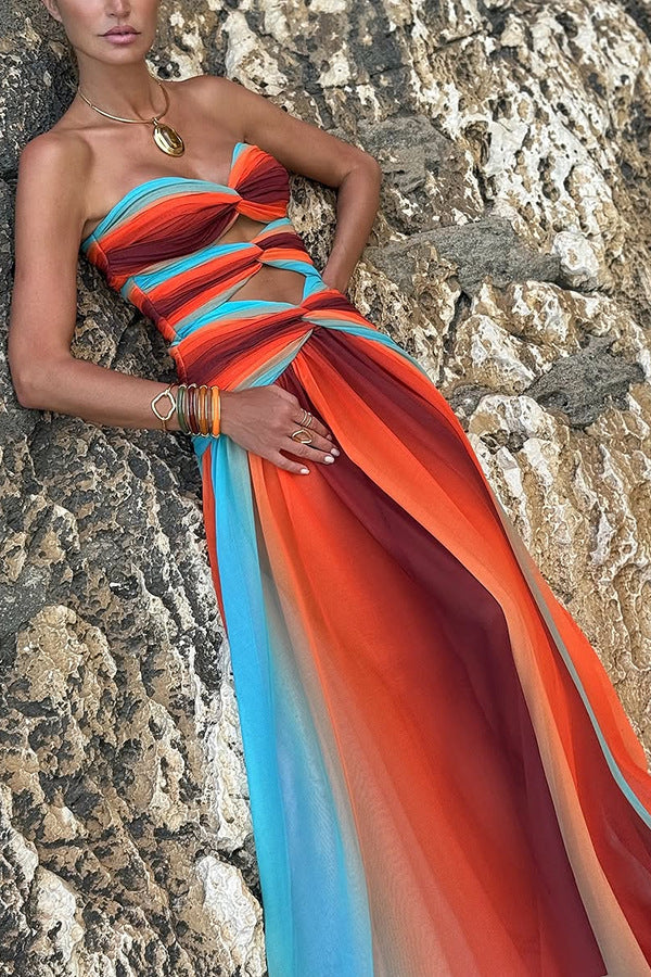 ' Sunset Strapless Tassel Printed Twisted Hollow Off Shoulder Vacation Long Dress