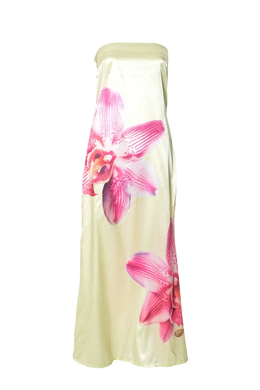 Shirley Print Strapless Satin Maxi Dress
