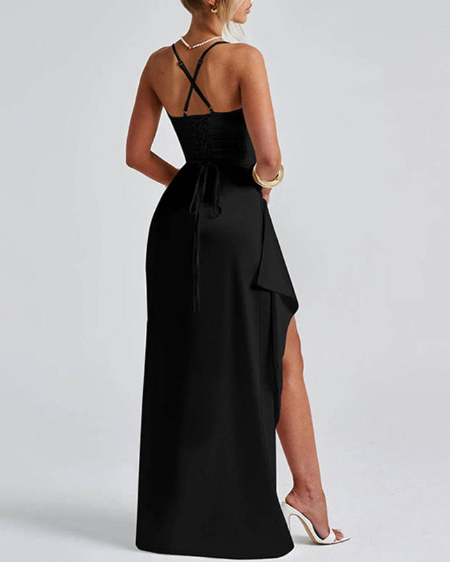 ' Satin Back Tie, Pleated Hem, Slit High Low Waist Long Skirt