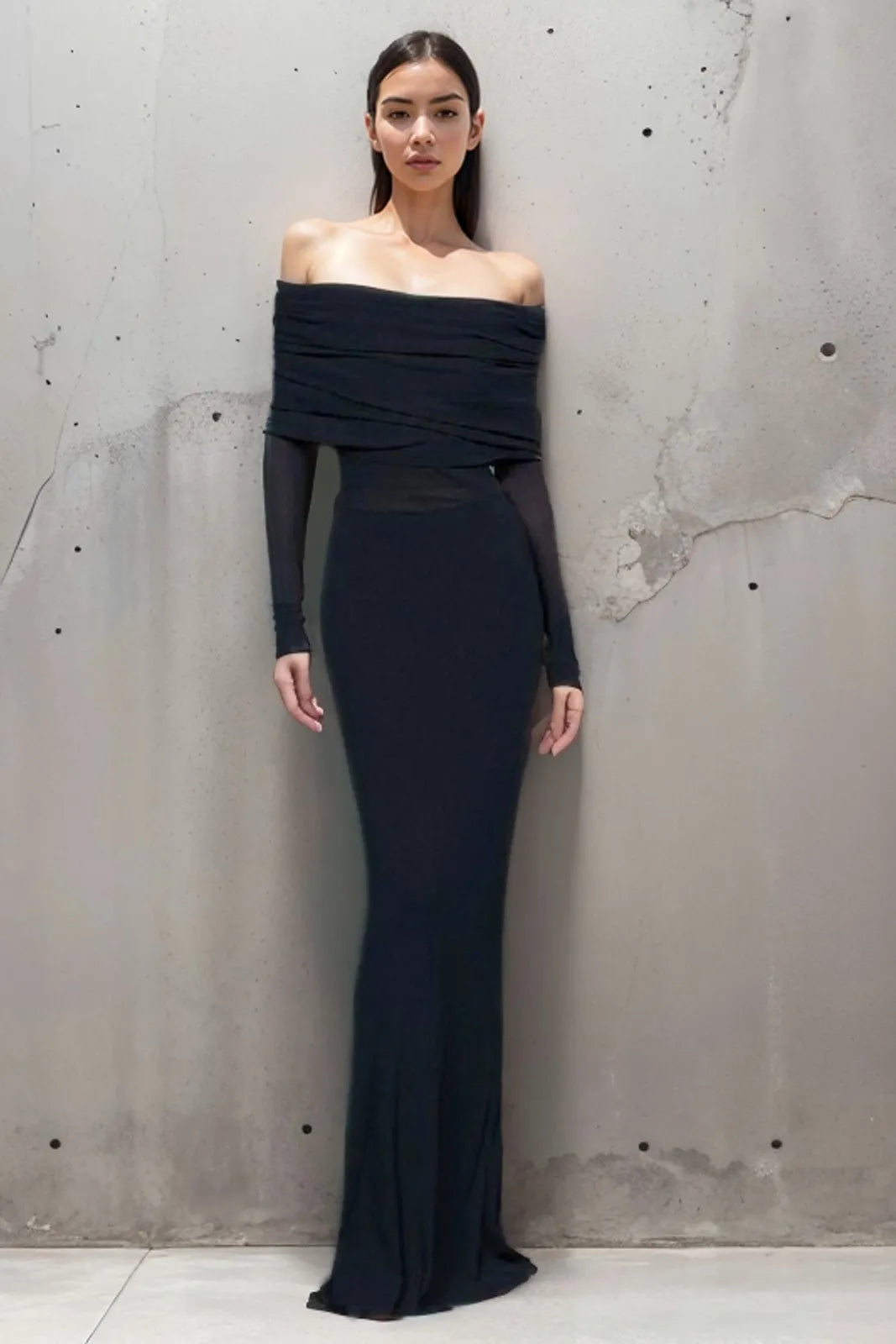 Persia Black Overfold Off-shoulder Mesh Long Sleeve Maxi Dress