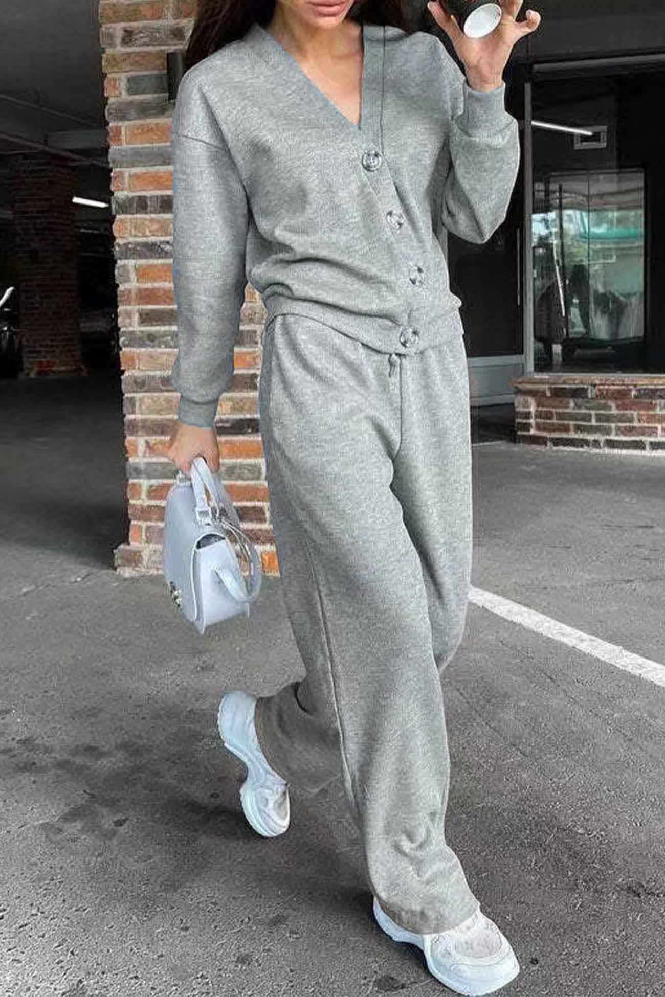 Color Button Down Cardigan Long Pants Set