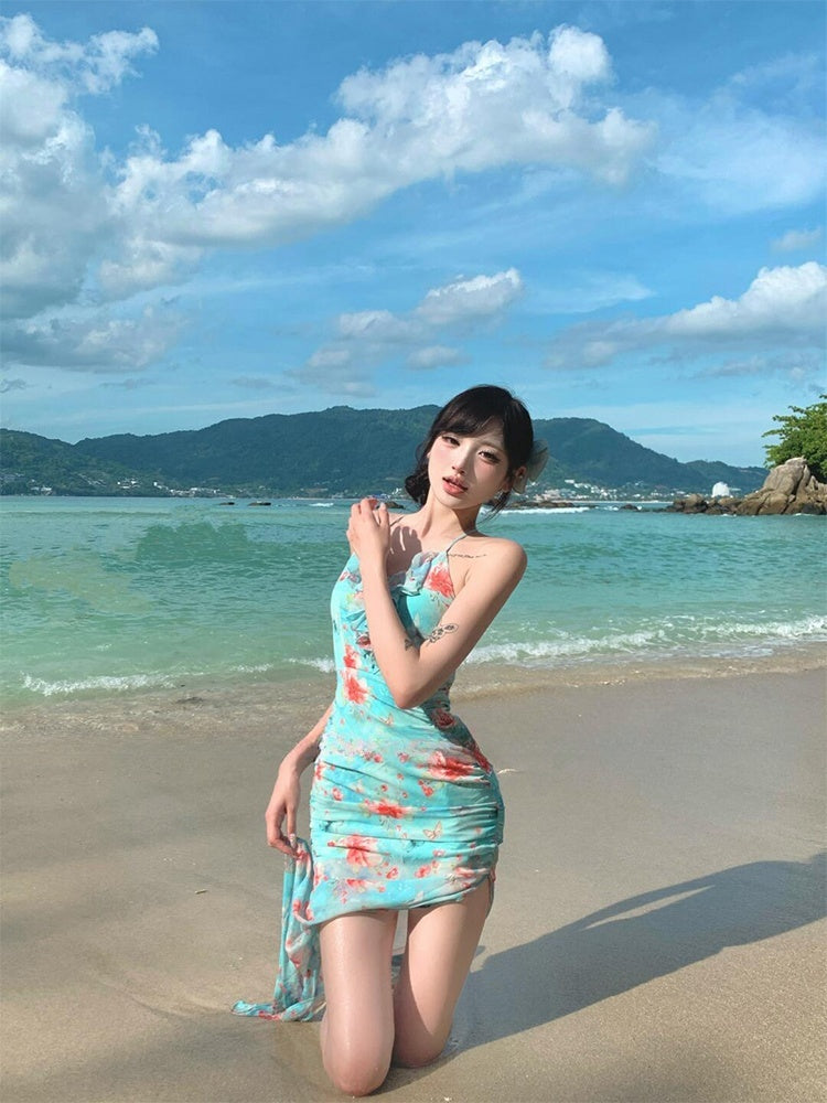 Ruffled Split Maxi Dress _ Feminine Open-back Summer Beach Dress