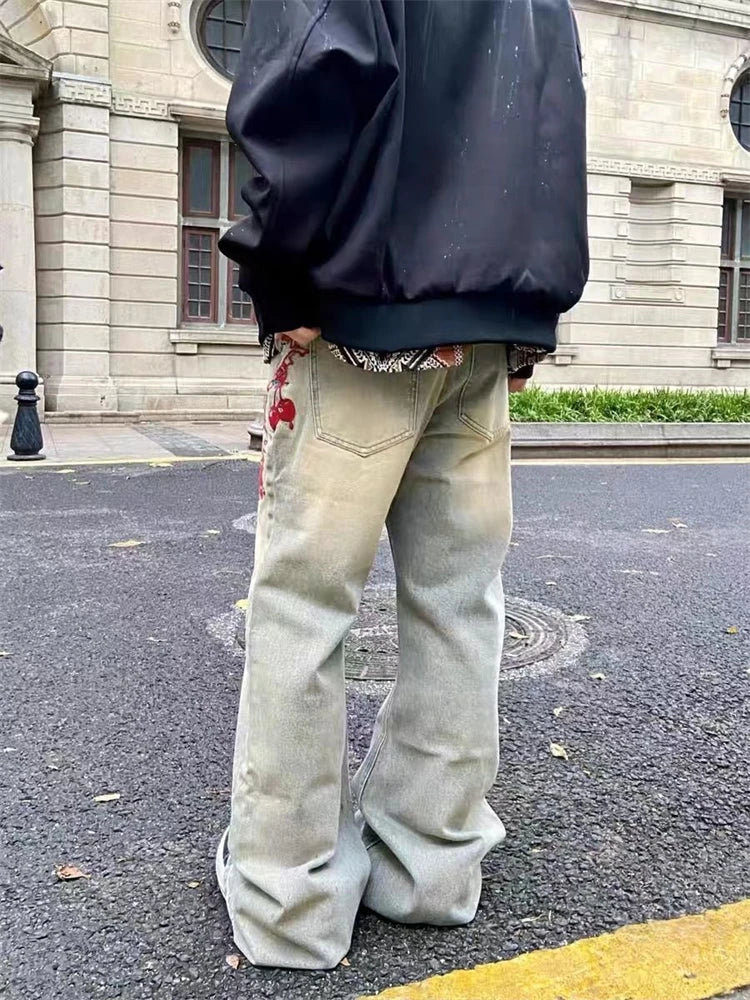 Red Meteor Hammer Wide Leg Jeans Cool Girl Bottoms Loose Denim Trousers Female High Waist Pants