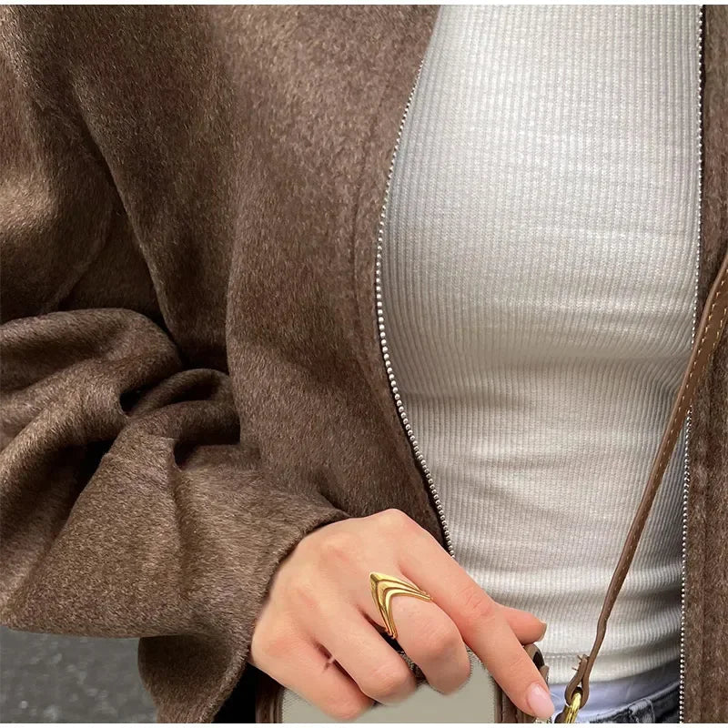 Lapel Short Jacket Loose Long Sleeve Zipper Crop Coats Autumn New Lady High Street Outwears