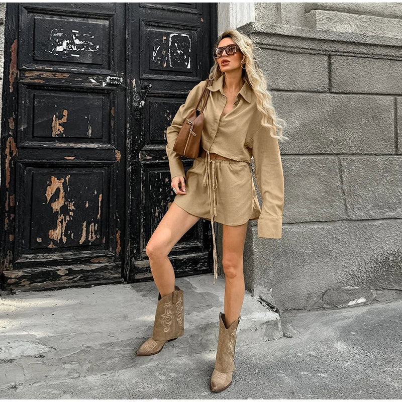 Summer Suit Lapel Single Breasted Full Sleeve Lace Up Waist Shorts Female Suit Oversize Two-piece Set