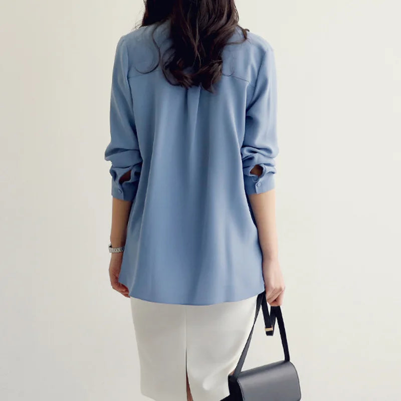 Long Sleeve Bow Tie V-neck Chiffon Blouse