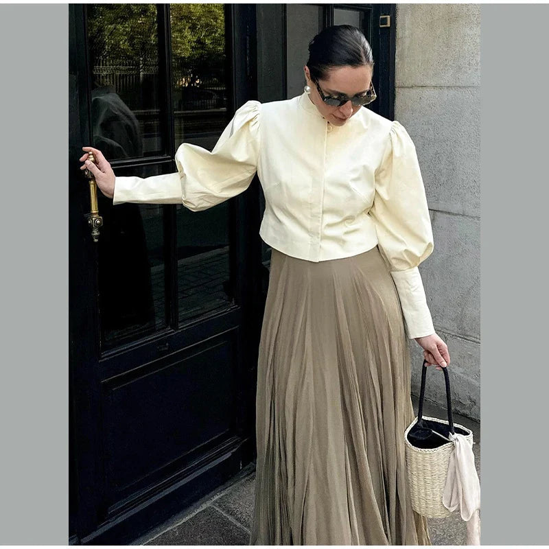 Retro Stand Collar Short Shirt Single Breasted Puffy Sleeve Shirts Coat Lady Versatile