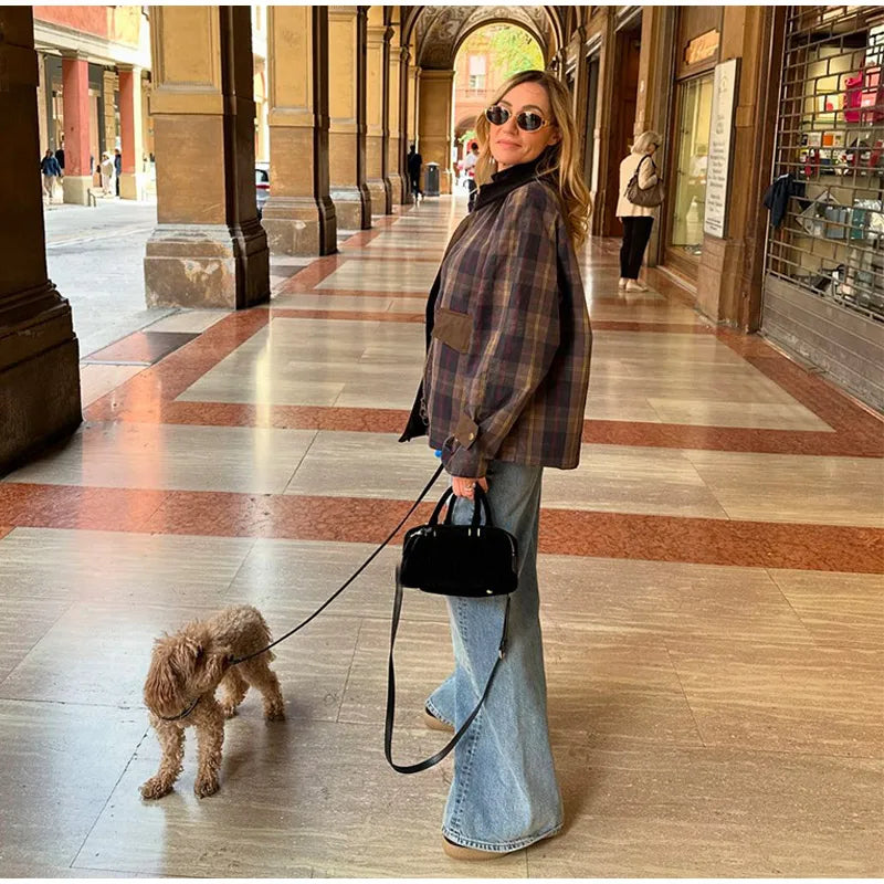 Plaid Printed Jacket Patchwork Turn Down Collar Single Breasted Female Coat Autumn Long Sleeve Zipper Outwear