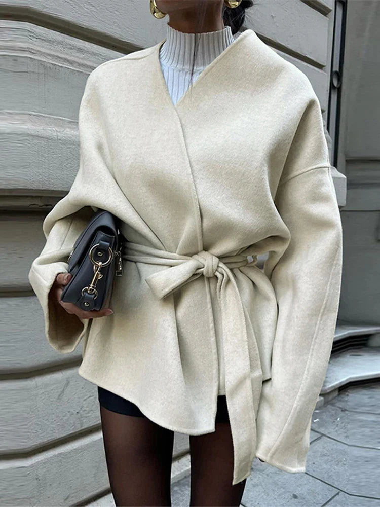 Lace Up Coat for V-neck Long Sleeve Slim Jacket Cardigan Autumn Winter Lady Outwear New in Coats