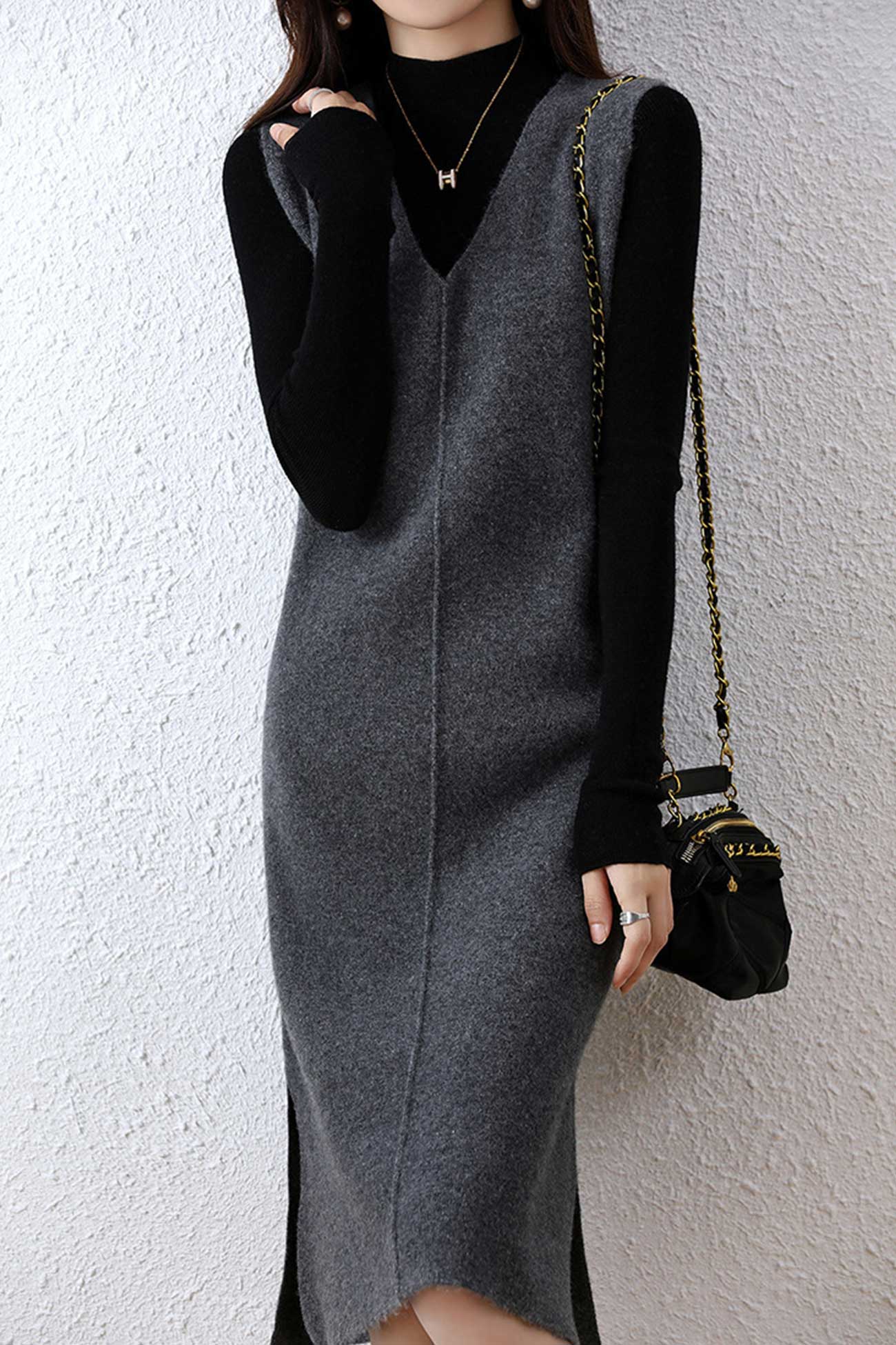 V Neck Color Wool Tank Dress