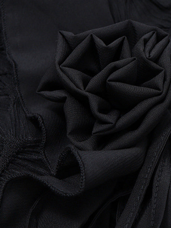 Black Tie Front Ruffles Flower Trim Long Sleeves Blouse