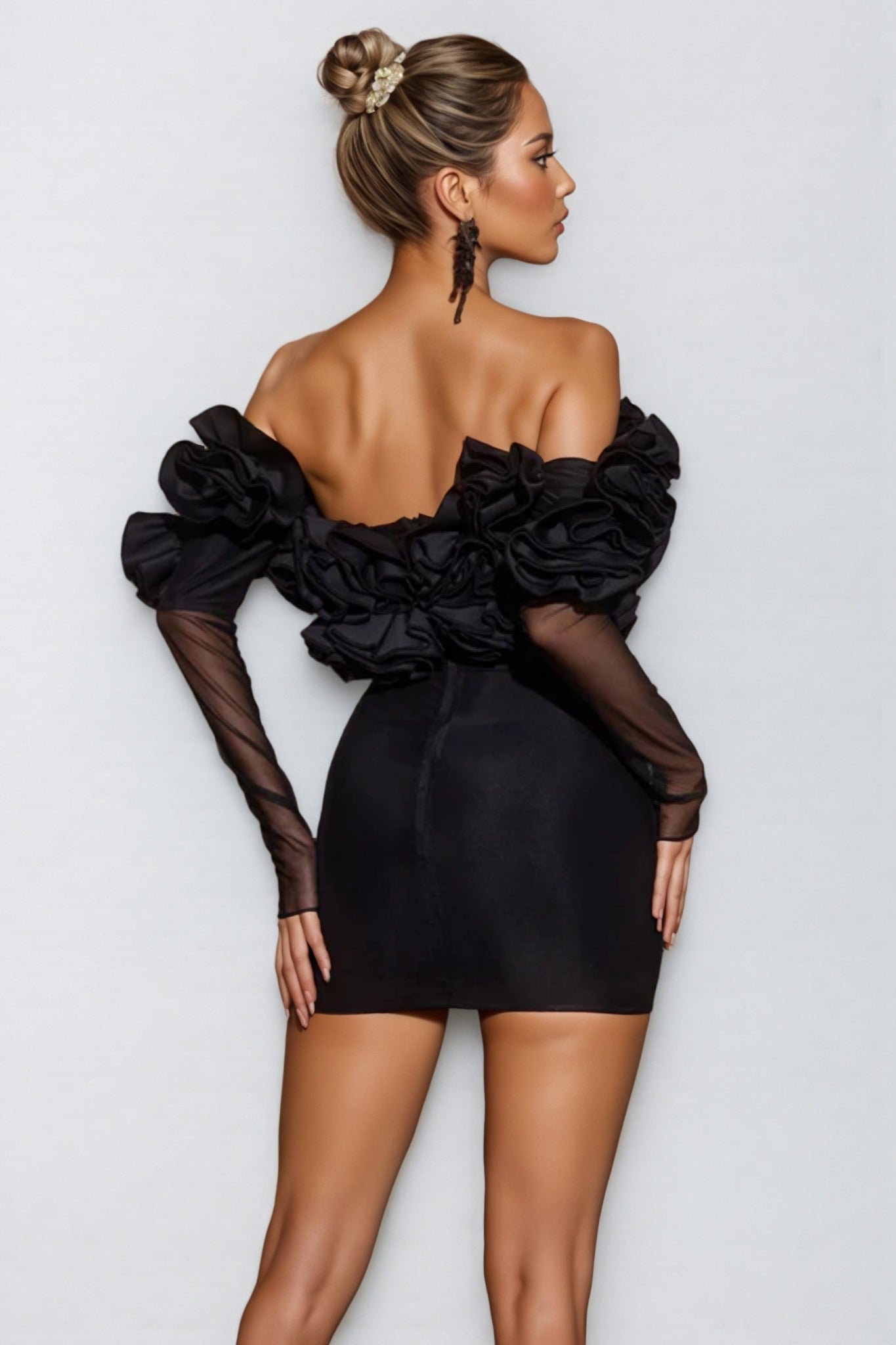 Inigo Off Sleeve Ruched Mesh Mini Dress