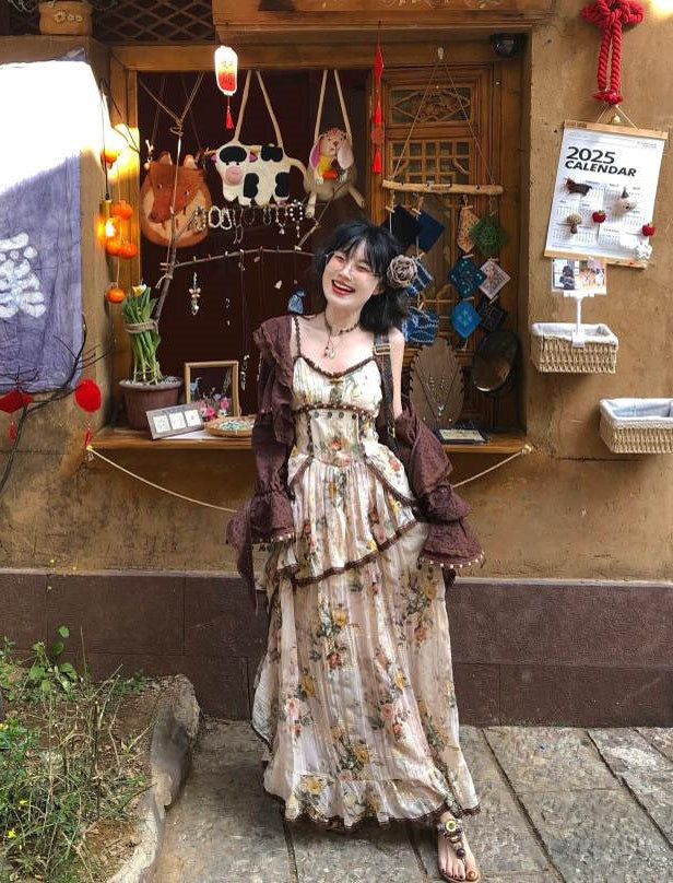 Wild Rose Set _ Asymmetrical Cotton-rayon Maxi Skirt + Flowy Cardigan Style