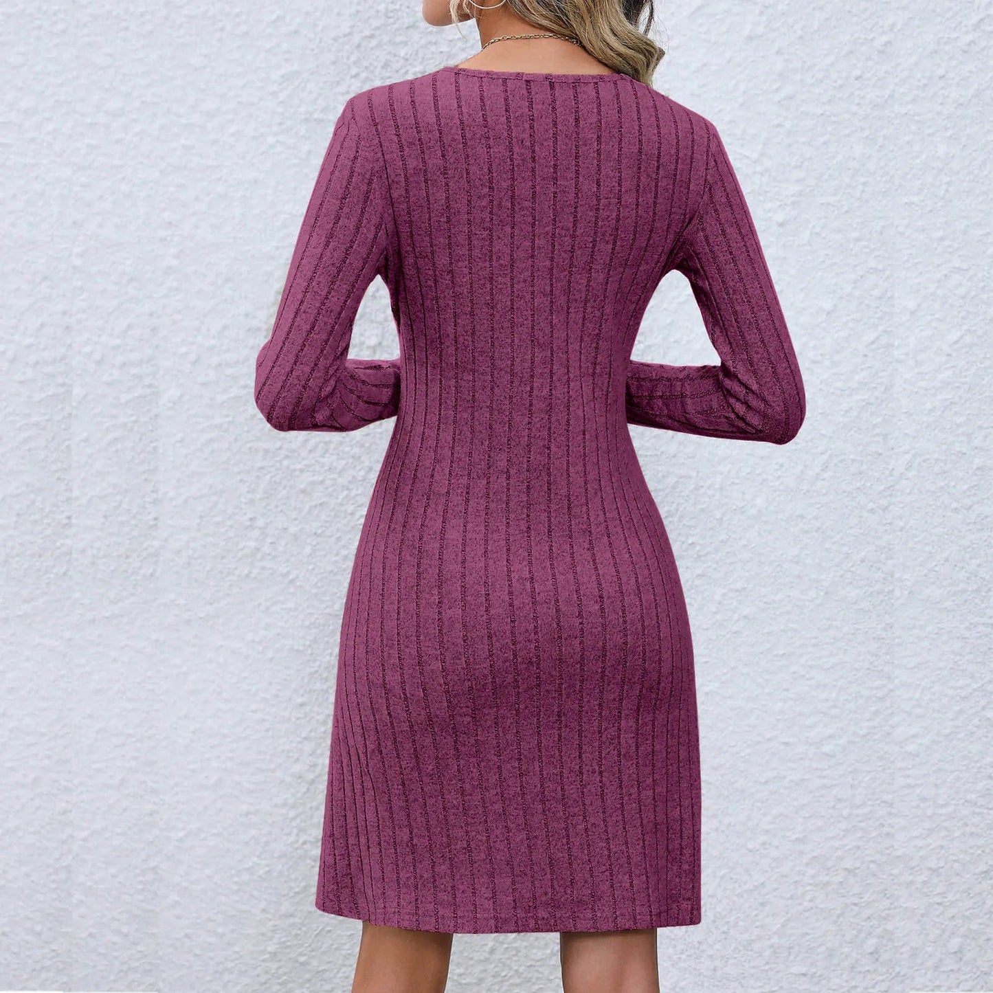 Dressbetty - V-neck Buttoned Waist Long Sleeve Color Midi Dress