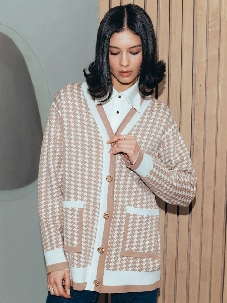 Houndstooth Knitted Cardigan Loose Pockets Oversized Sweater Knitwear Cardigans Femme