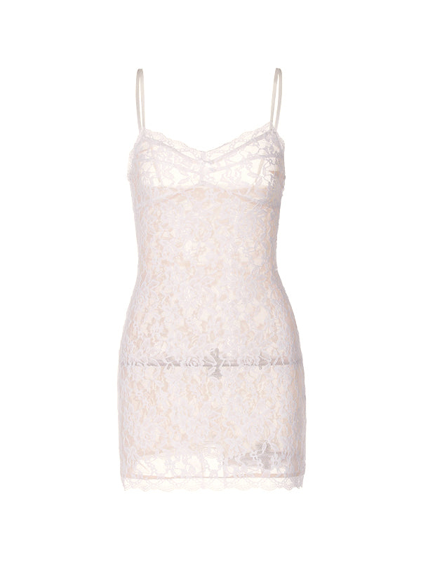 White Hollow Strap Lace See Through Mini Dress